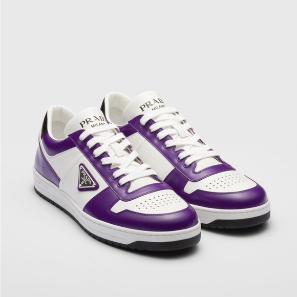 💜 Prada Downtown leather sneakers Size 12 Men’s WHITE/CYCLAMEN PINK 💜 NEW 💜 - Picture 1 of 9